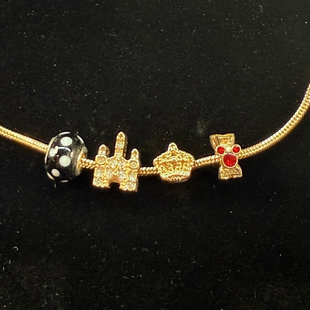 Disney Parks Gold Tone Charm Necklace Castle Crown Mickey Polka Dot Charms